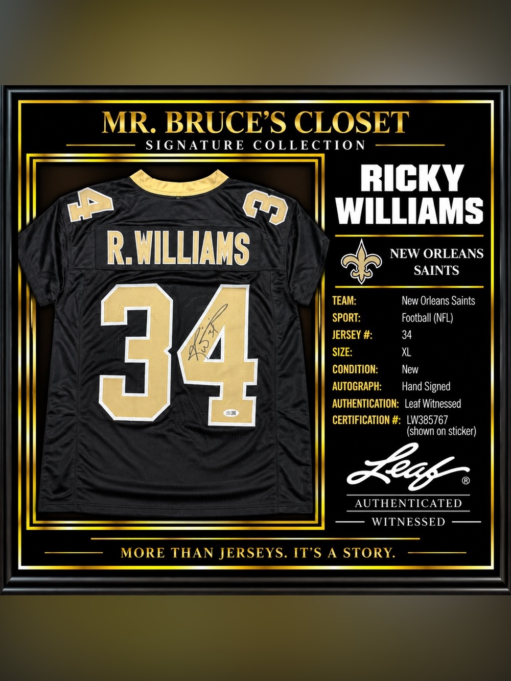 Ricky Williams Signed New Orleans Saints #34 Jersey Leaf Witnessed Auto XL